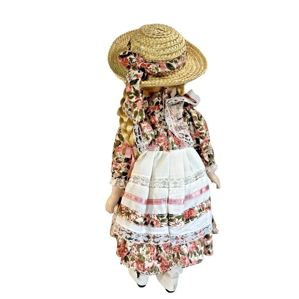 VTG Porcelain Doll Blonde Pigtails/Blue Eyes and Smock Dress with Straw Hat NIB